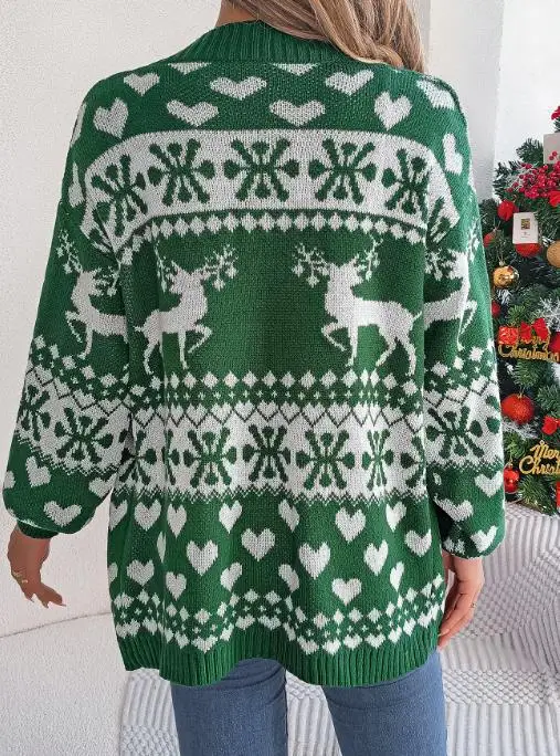 

Autumn and Winter 2025 Christmas Reindeer Jacquard Pocket Long Sleeved Cardigan Sweater Women Casual Loose Knit Cardigan Jacket