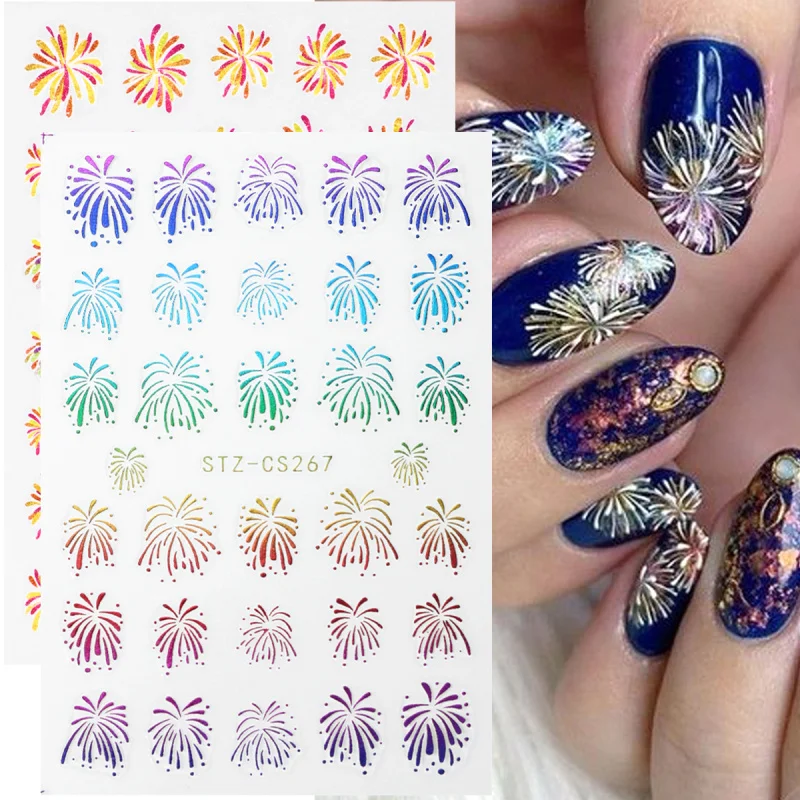 2pcs 3D Glitter Firework Nail Stickers Self Adhesive Sparkling Blooming Firework Design Nail Art Decals New Year Manicure Decor