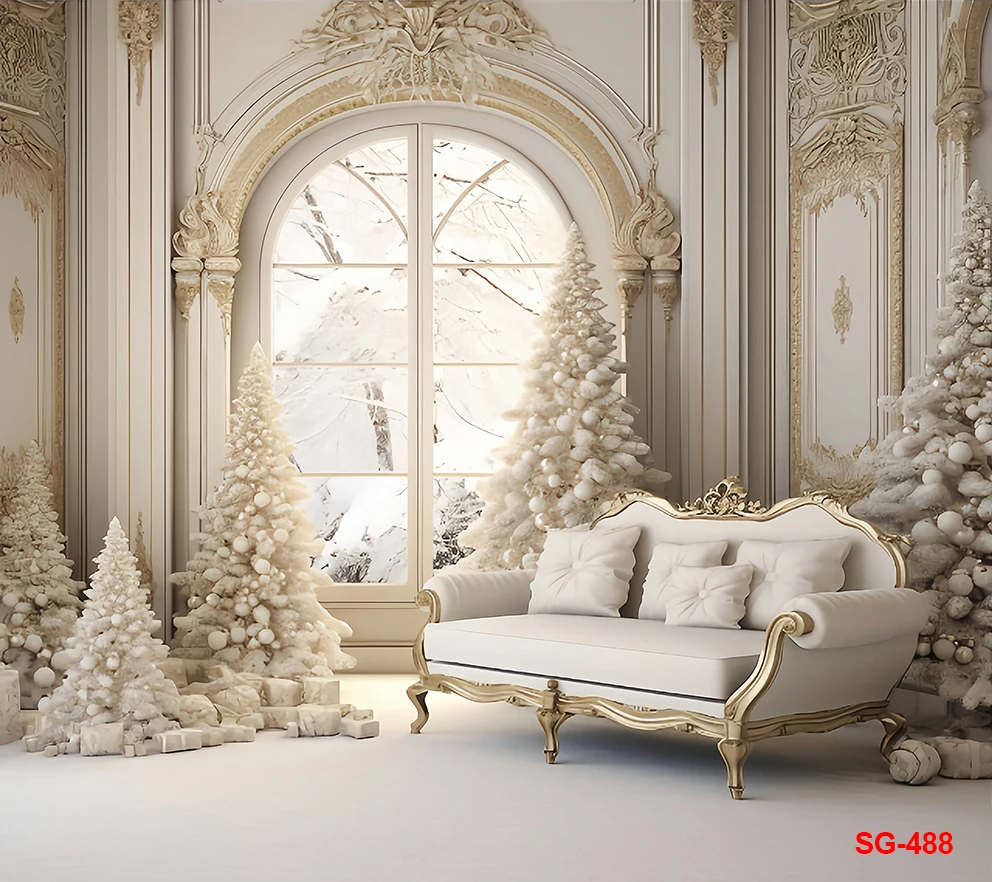 Sofa dalam ruangan, untuk Fotografi Latar Belakang musim dingin pohon Natal Vintage jendela dalam ruangan anak-anak keluarga pesta potret dekorasi latar belakang