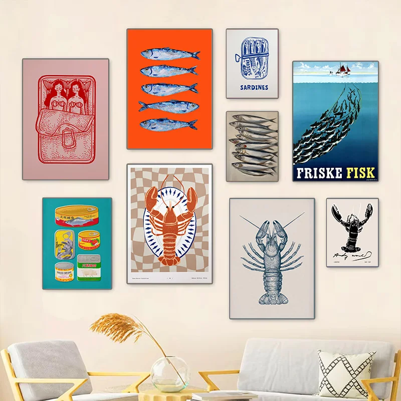 Colourful Sardines Lobster Fish Marine Animal Poster Painted Modern Abstract Canvas Painting Nordic Home Decor Wall Art