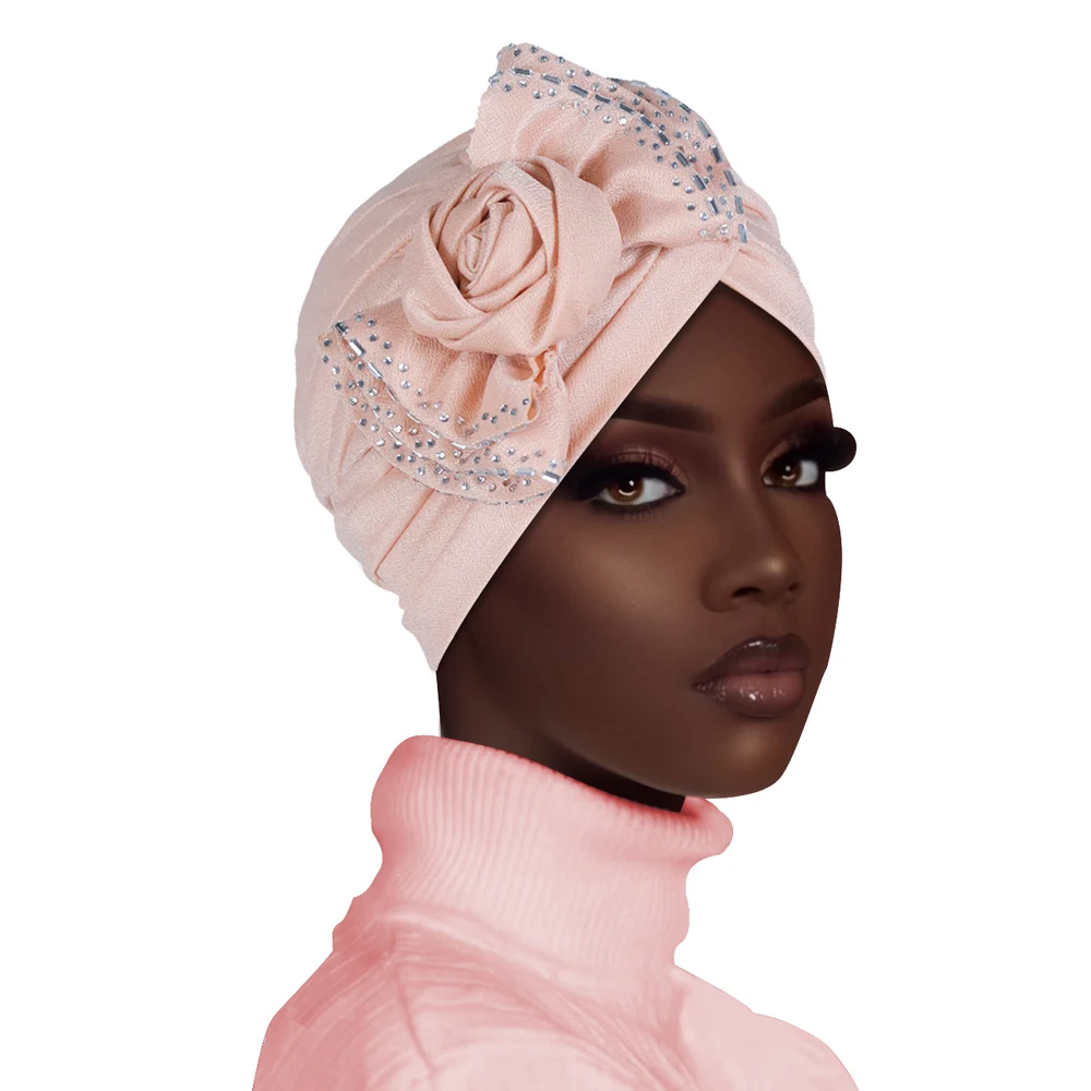 

Flower Diamonds Turban Pleated Inner Hijab Hat Women Chemo Cap Muslim Headscarf Beanies Bonnet Arab Islamic Hair Loss Turbante