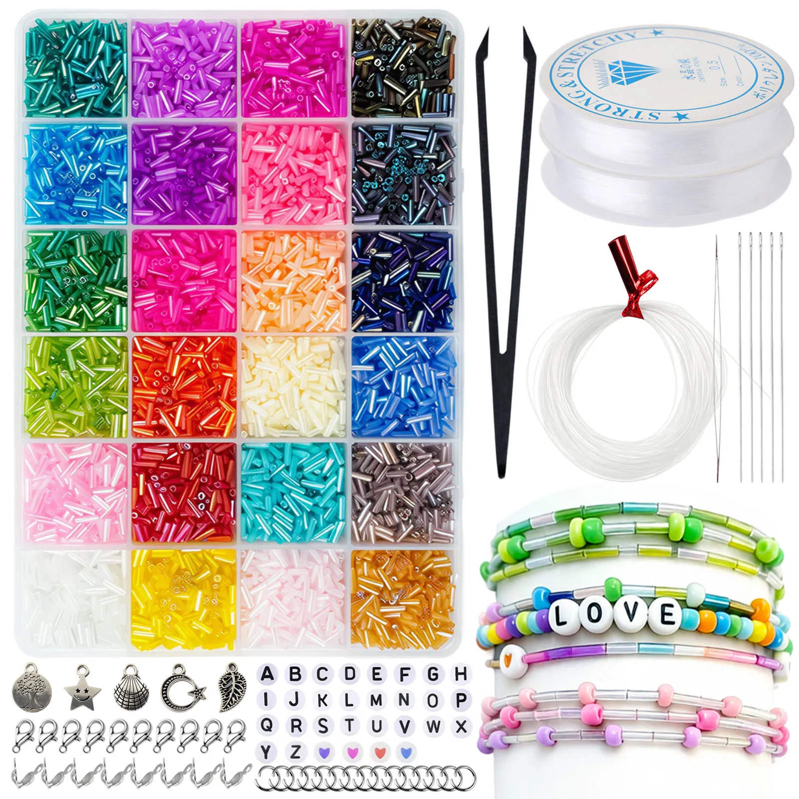 

9600pcs Glass Tube Beads Kit 24 Colors Bugle Beads for DIY Bracelet Necklace Earring Making Jewelry Supplies for Adults Women