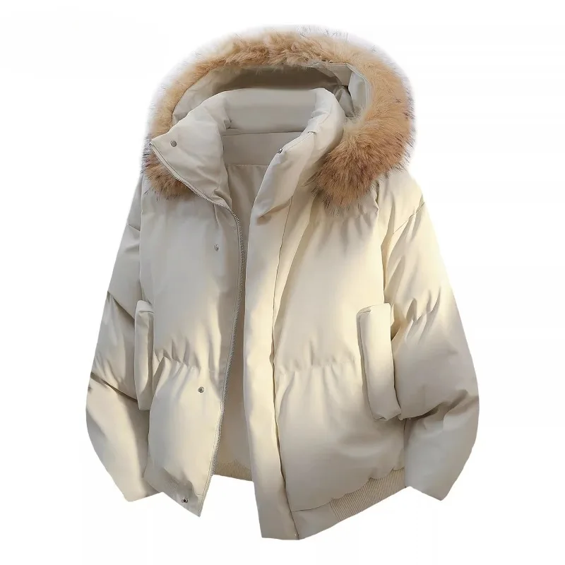 Man Winter Hooded Parkas Jacket Fashion Women Fur Collar Leather Casual Parka Coat Solid Windproof Thick Warm Loose Korean 2025