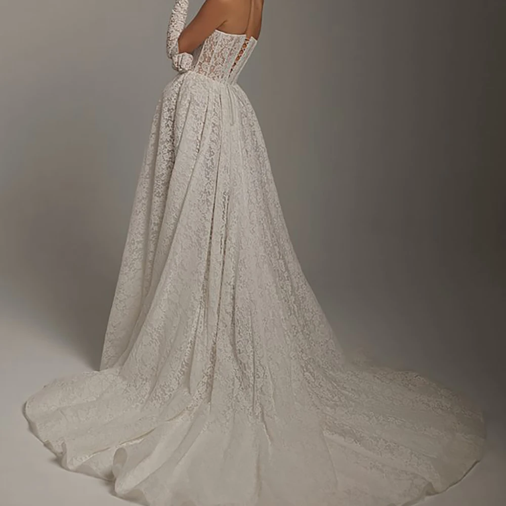 Strapless Lace Wedding Dress With Detachable Long Gloves High Slit A Line Ball Gown Corset Bodice Bridal Gown For Bride 2026