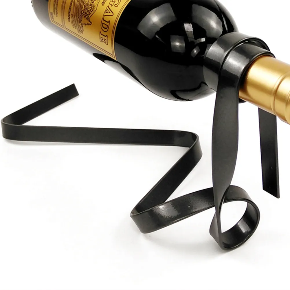 1Pcs Red Wine Rack Iron Ribbon Suspension Decorative Floating Wine Bottle Holder Table Display Balance Black Desktop Ornament