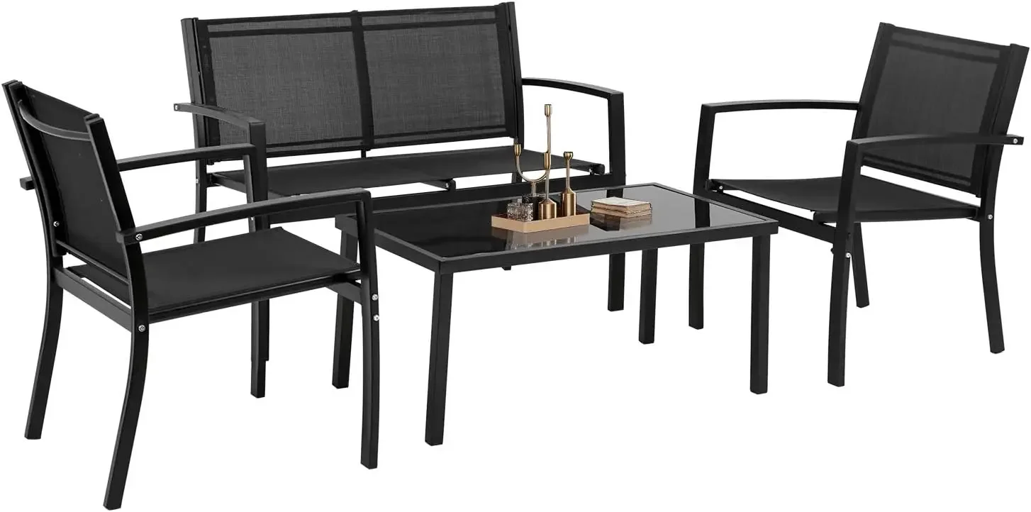 

FDW 4 Piece Patio Conversation Sets with Metal Patio Furniture Tempered Glass Tabletop Waterproof Textilene for Outside Backyard