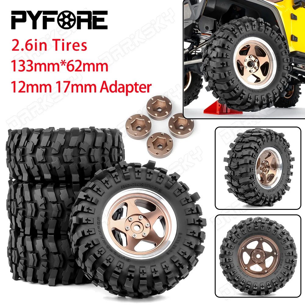 

PYFORE 4 шт. 2,6 дюйма, 12 мм, 17 мм, переходные шины 133 мм * 62 мм для 1/7 MK07 JK07 CK5811, удаленные альпинистские внедорожные шины, радиоуправляемая модель автомобиля