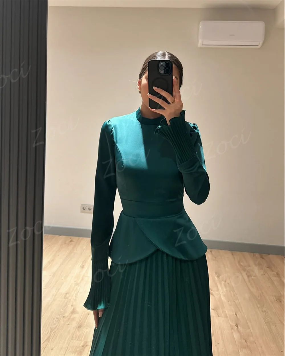 Zoci-vestidos de fiesta largos modestos, cuello alto, plisados personalizados, gasa, manga larga, vestido de noche Formal, traje de línea A, vestido de fiesta 2025