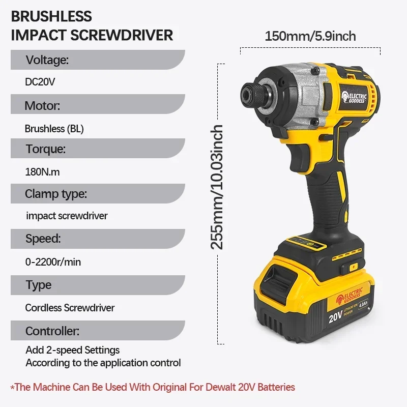 EGOD DCF887 Electric Impact Cordless Drill/Screwdriver Brushless Rechargeable Electric Driver Power Tool Fit Dewalt 20V Battery