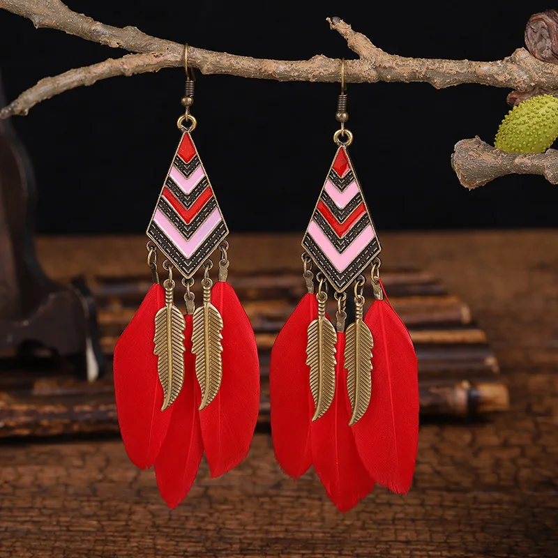 Vintage Simple Feather Leaf Tassel Earrings For Women Bohemian Enamel Geometric Retro Hanging Long Drop Dangle Earrings Brincos