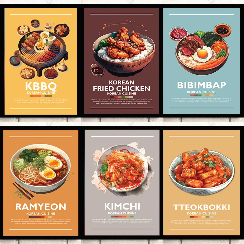 Póster de comida coreana Ramyeon Kimchi Sundubu-Jjigae Bulgogi Gimbap Tteokbokki, impresión en lienzo, imagen artística de pared, decoración para sala de estar