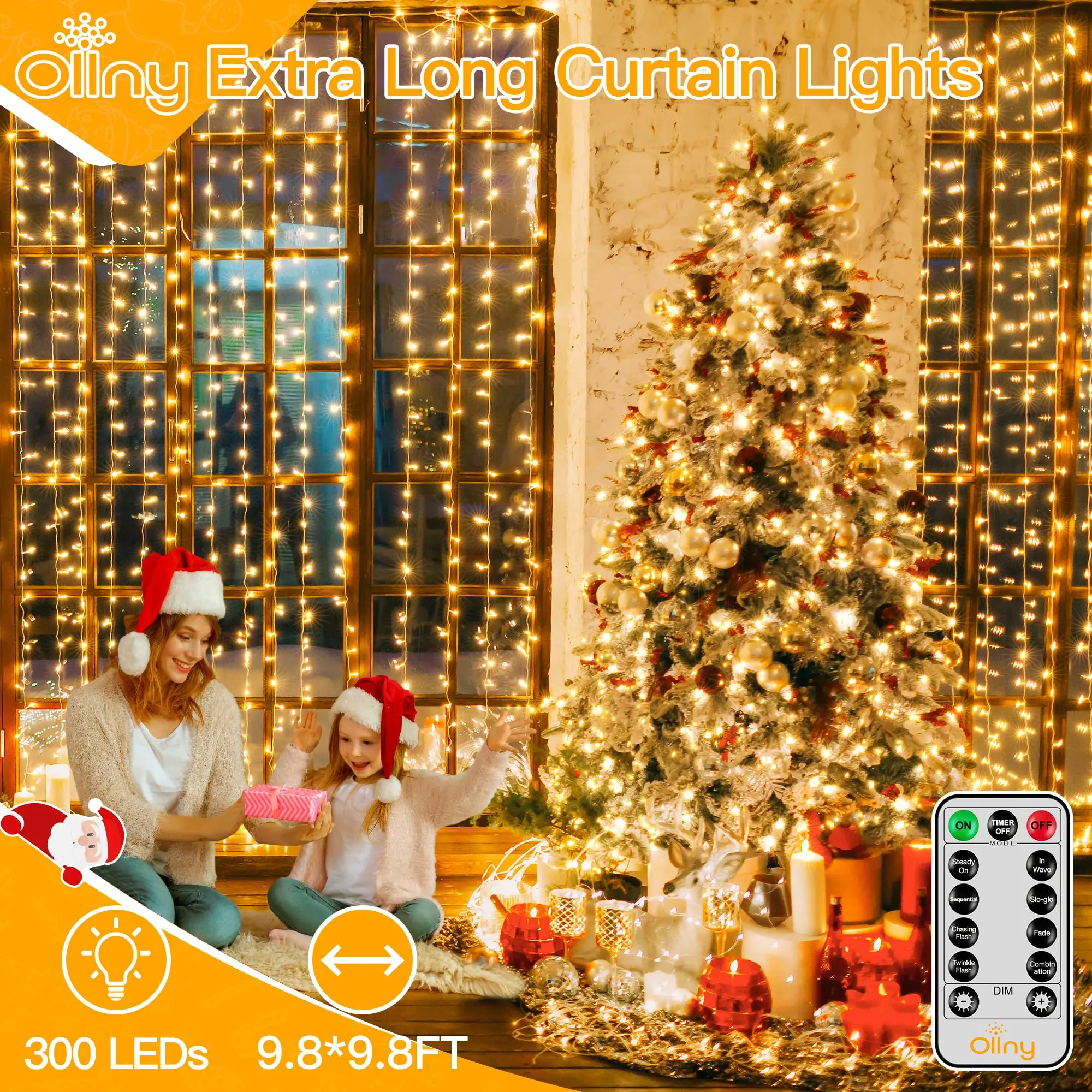 Curtain Lights 300 LED 9.8 FTx9.8 FT, Outdoor Waterproof Curtain String Lights with Remote Timer 8 Modes, USB Waterfall Window Lights for Wall Backdrop Home Decorations (Warm White)