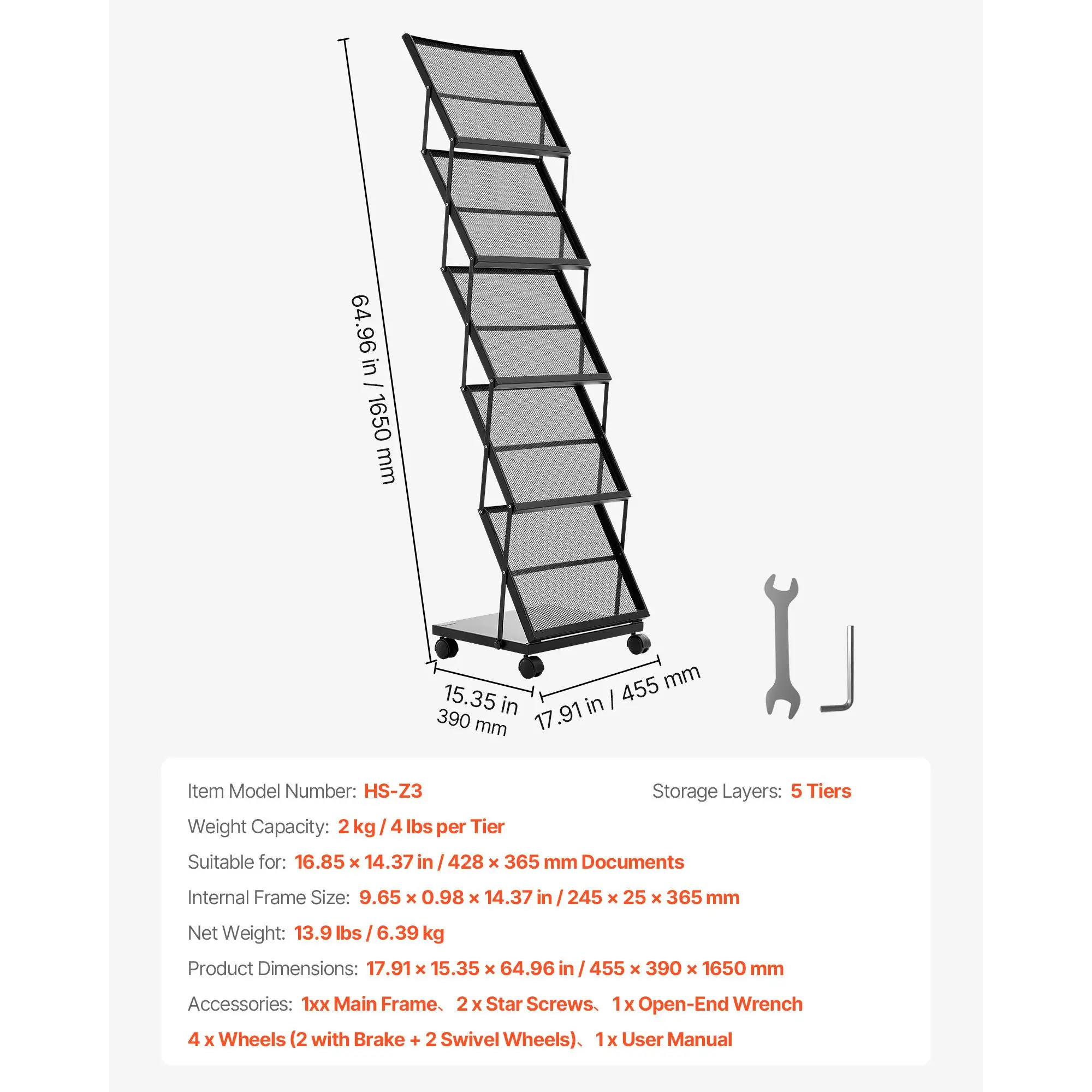 Brochure Display Rack, Foldable 5 Pockets Magazine Literature Display Stand, Movable Floor Standing Magazine Rack with Wheels, Metal Newspaper Catalog Holders for Shop Exhibitions Office Show