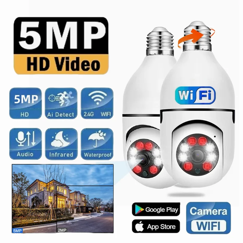

5MP E27 Bulb Surveillance HD Camera 4X Zoom Indoor WiFi Wireless Baby Monitor Camera Color Night Vision Human Detection Tracking