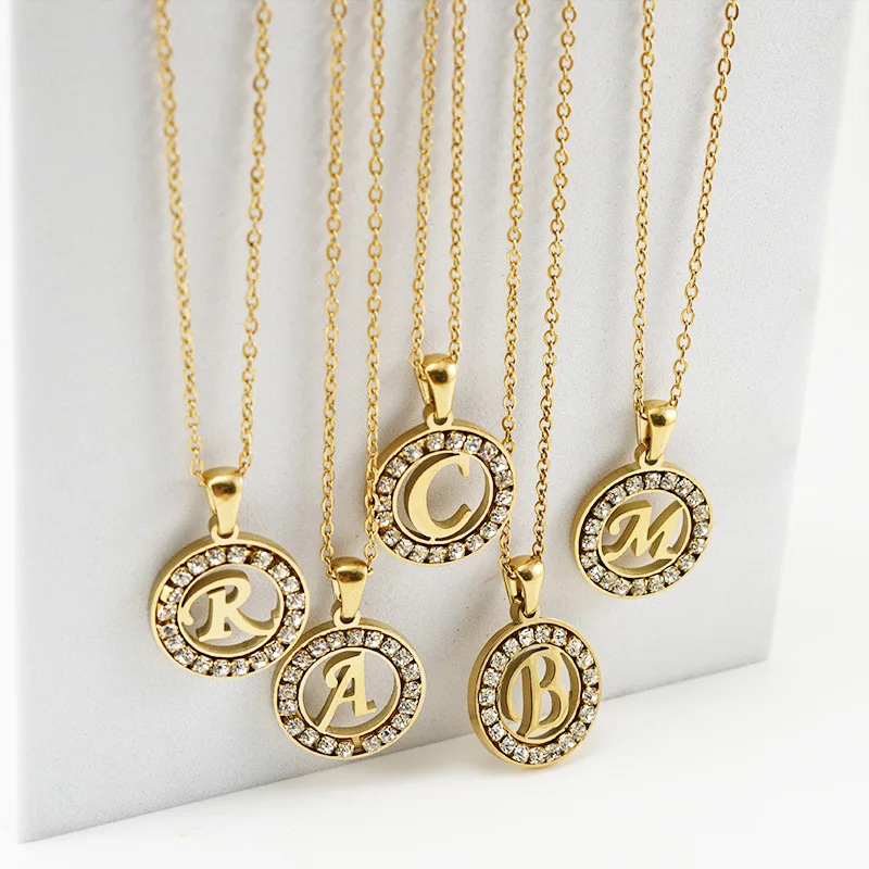 Fashion 18K Gold Plated Stainless Steel 26 Initial Round  Diamond Letters Hollow Pendant Wholesale