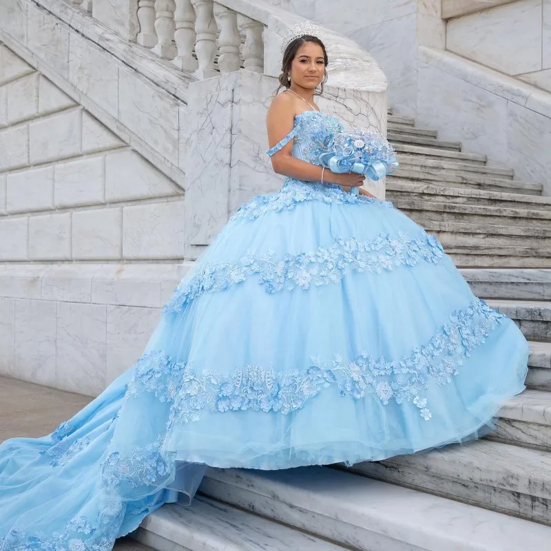 

Sky Blue Sweetheart Ball Gown Quinceanera Dresses 2024 Off Shoulder Beaded Appliques 3DFlower Sweet 16 Dress Vestidos De 15 años