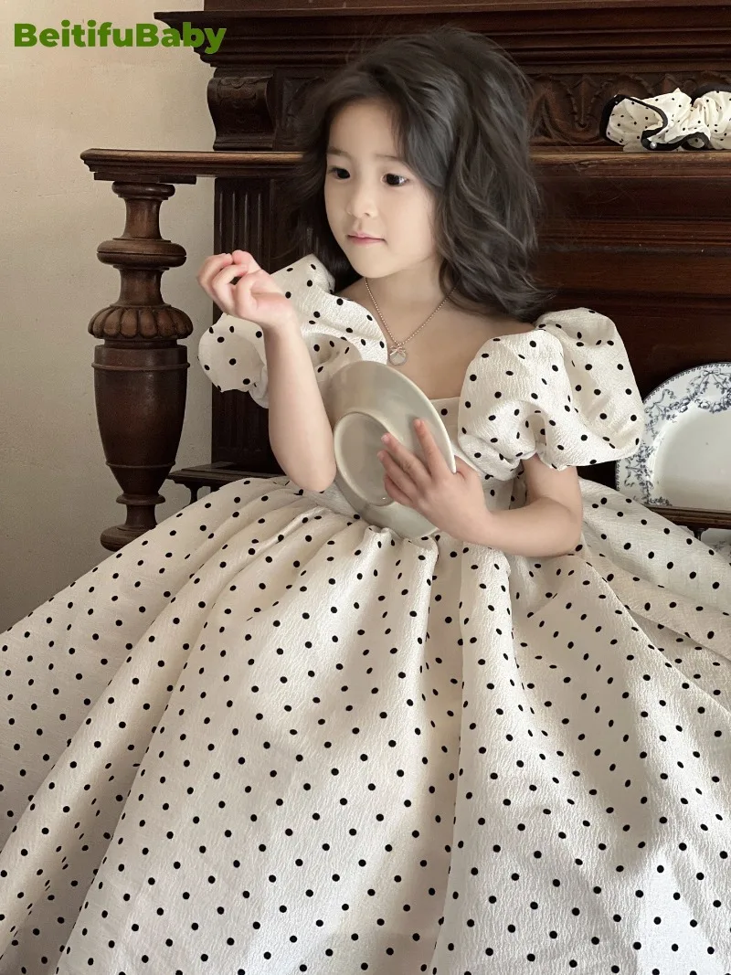 Beitifubaby Blumen mädchen Kleid 2024 Sommer Polka Dot Bubble Kurzarm Mode Geburtstags kleider für Mädchen Vestidos de Niña