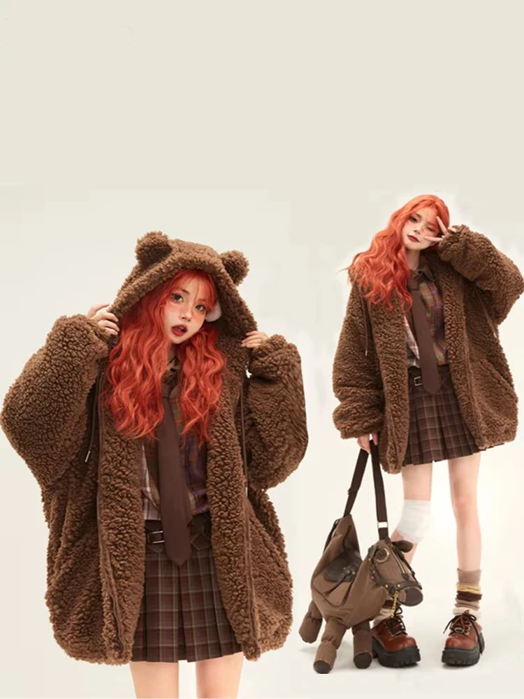 Mauroicardi Spring Winter Loose Brown Thick Warm Faux Fur Coat with Bear Ears and Drawstring Hood Cute Sweet Fuzzy Fluffy Jacket