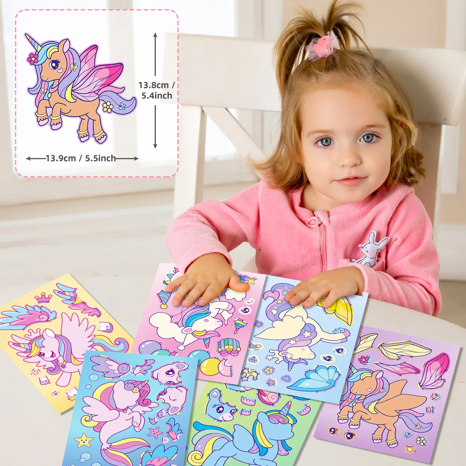 6Sheets Rainbow Horse Children DIY Puzzle Sticker Games Unicorn Make A Face Funny Assemble Jigsaw Stickers Kids Educational Toys