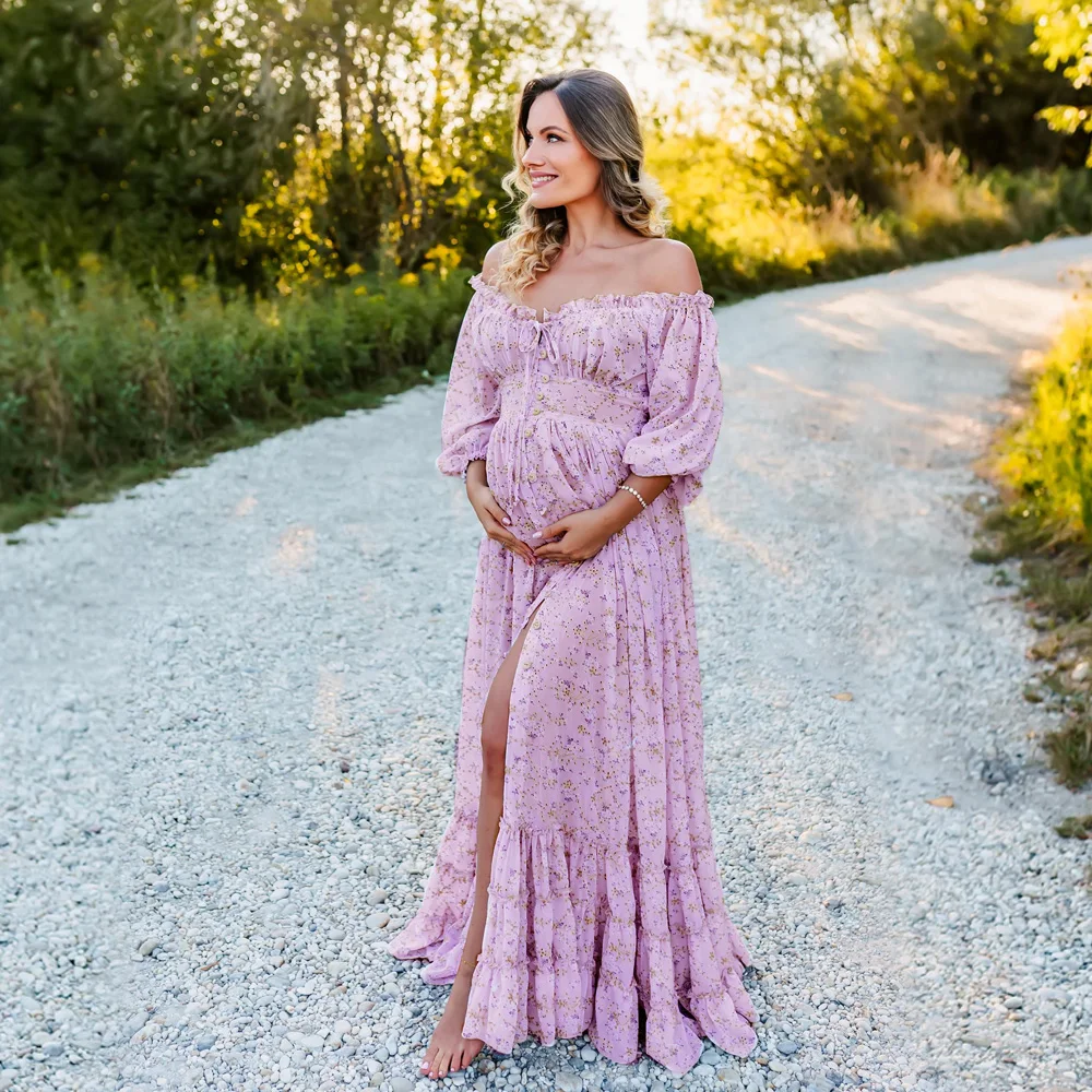 

Maternity Dresses For Baby Showers Elegant Printed Chiffon Long Sleeved One Shoulder Dress Photo Shoot Dress For Women