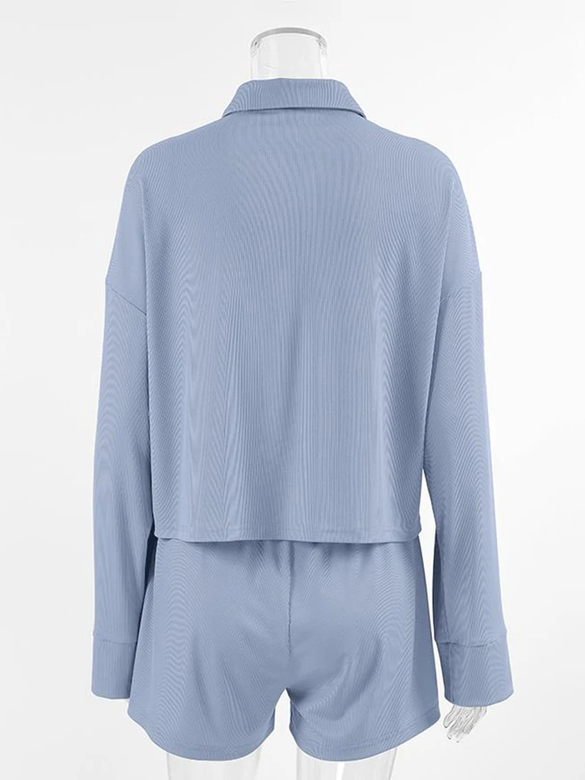 Marthaqiqi Casual Femme Nightie Suit Turn-Down Collar Pajama Long Sleeve Sleepwear Crop Top Nightgown Shorts Women Nightwear Set