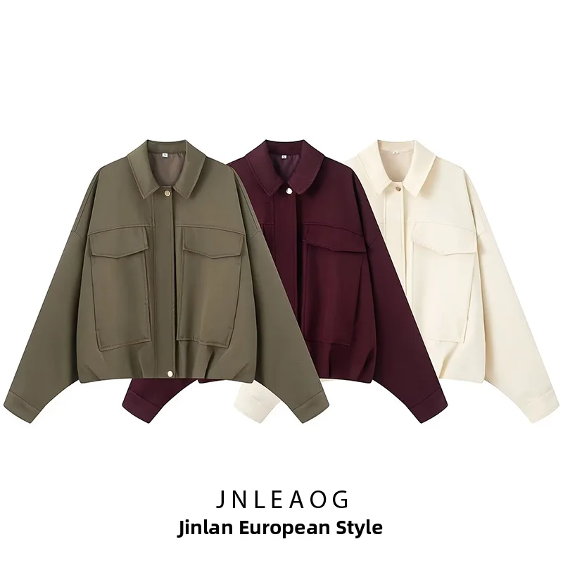 JNLEAOG Summer New Women's Fashion Pilot Jacket with Pleated Hem All-Match Stylish Short Outerwear Standard Fit Polyester