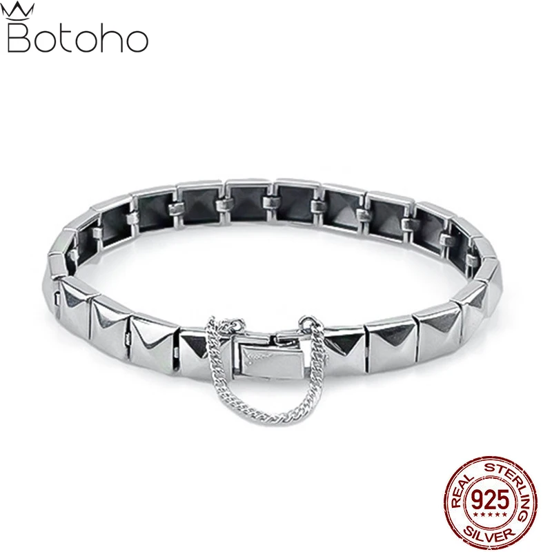 100% S925 Silver Jewelry Retro Geometric Shape 2023 Fashion Trend Personality Punk Dark Square Men's and Women's Bracelet