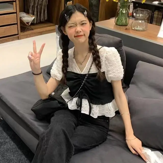 

Design-sensual Pleated Drawstring Fake Two-piece Short-sleeved Shirt for Women's Short Style Chic Retro