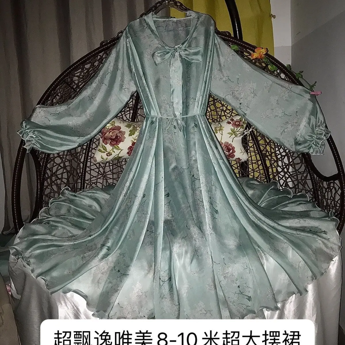 光沢のある女性用フリルサテン長袖ドレス、ゆったりとしたマキシ丈ドレス、プラスサイズの寝間着ローブ