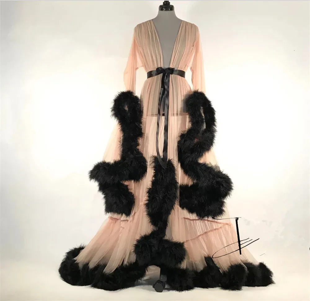Women\'s Medieval Vintage Semitransparent Bridal Gowns Feather Wedding Robe Tulle Fantasy Furry Edge Fairy Outwear Costume Dress