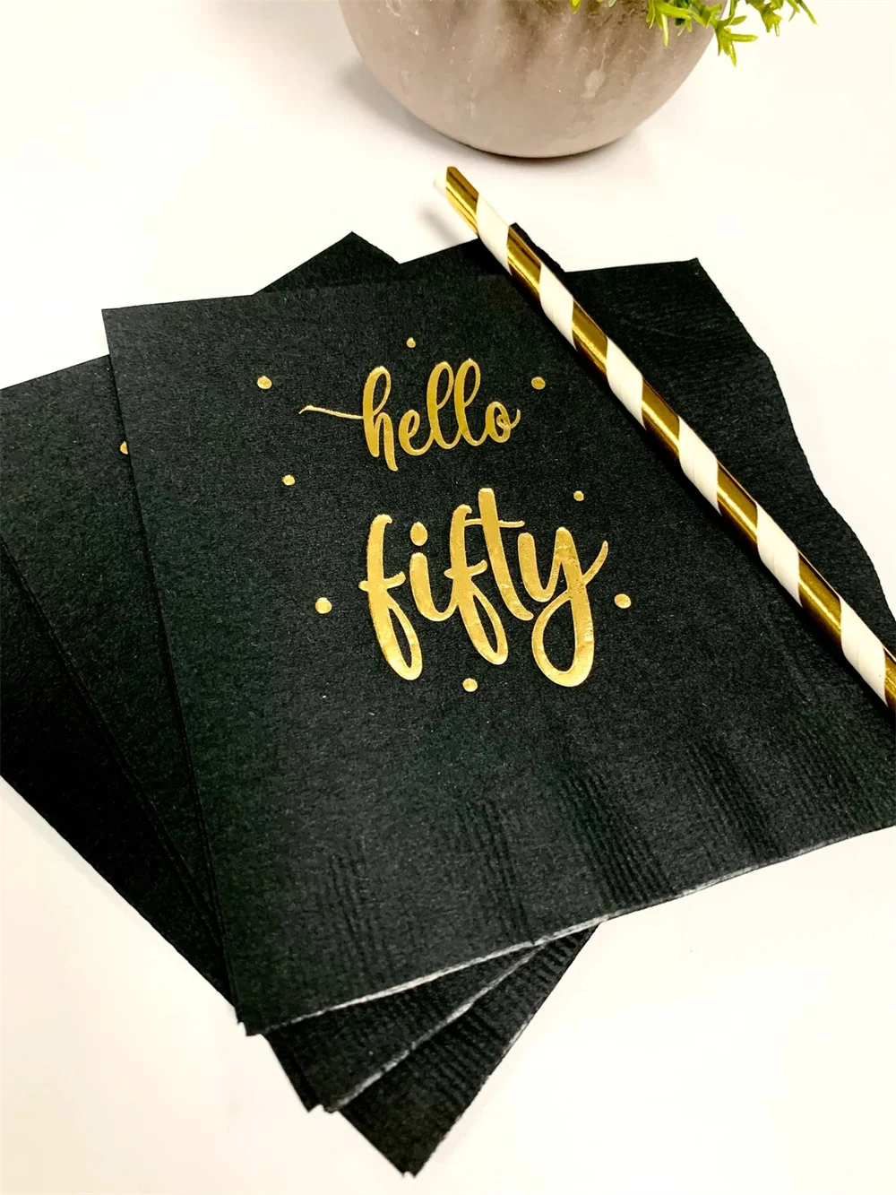 50PCS Hello Fifty Black w/Metallic Gold Foil Cocktail Beverage Napkins 3 Ply Happy Birthday 50th Hello Fifty Metallic Gold Foil