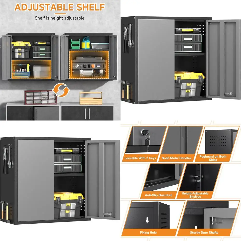 

Lockable Metal Wall Cabinet with 2 Doors, Adjustable Shelf, and Pegboard for Kitchen, Office, Garage, and Laundry (Black & Gray,