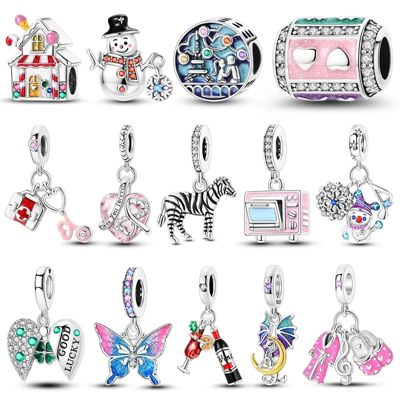 

Подвески для браслетов-бэнглов, посеребренные шармы: полярный медведь, лось, зебра, бусины-талисманы. Изысканные украшения для женщин.