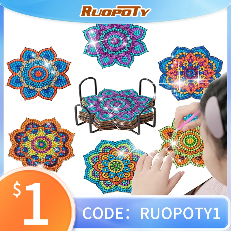 

6PCS DIY Diamond Painting Coaster Sunset Beach Rhinestones Mandala Drink Cup Cushion Non-slip Table Insulation Pad Home Decor