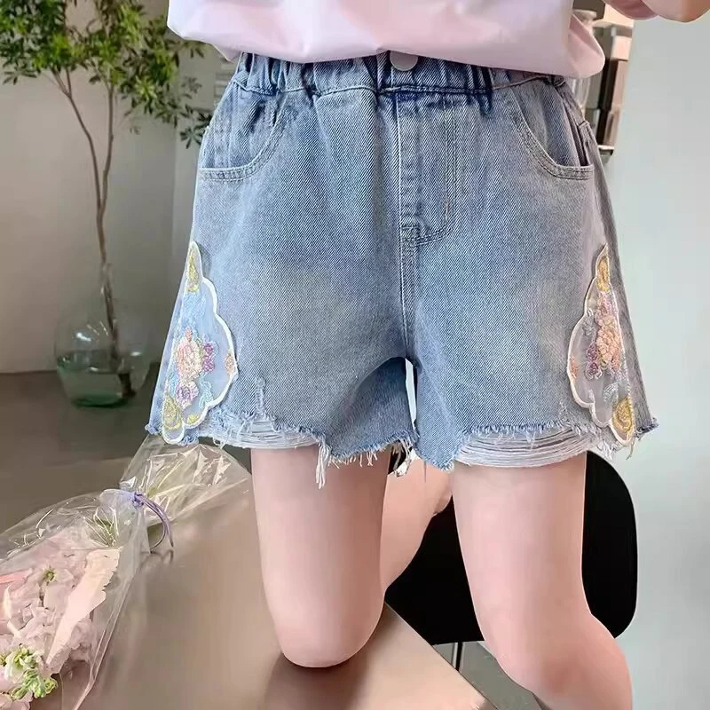 Children Shorts Jeans Girls' Denim Shorts Children's Wear Baby Clothes Lace Embroidered Flower Fashionable Pants for Girls