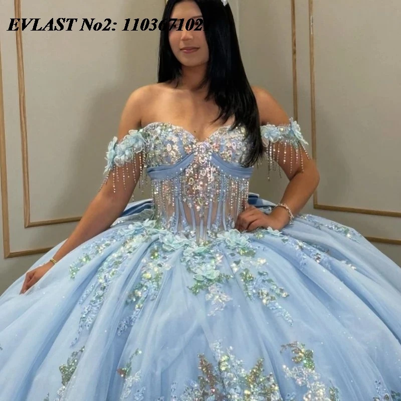 فستان Quinceanera أزرق لامع مخصص من EVLAST بدون أكتاف مزين بالترتر والدانتيل مطرز بالخرز الحلو 16 فيستدوس دي 15 أنوس E2QA80 #3