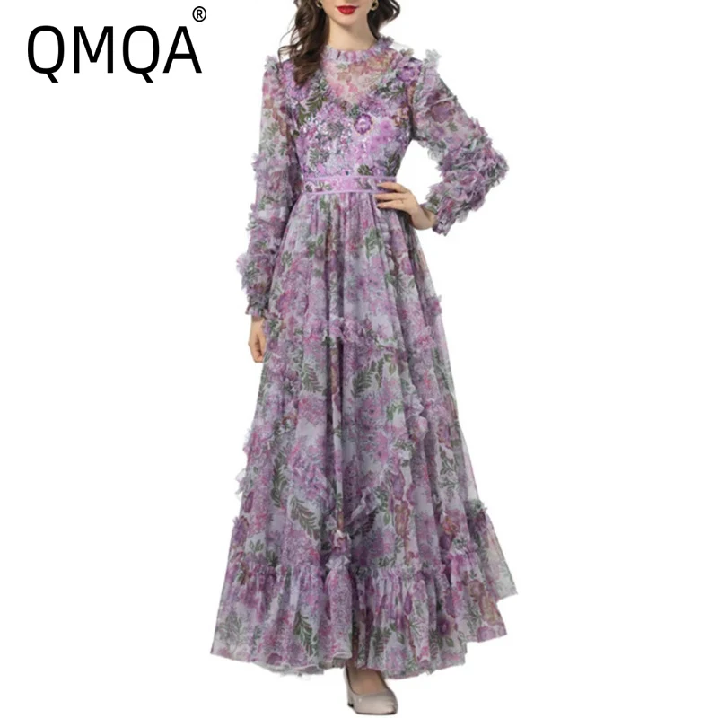 QMQA Fashion Women's Dresses Solid Sequin Embroidered Ruffle Applique Round Neck High Waist Long Sleeve Dress Autumn 1A295