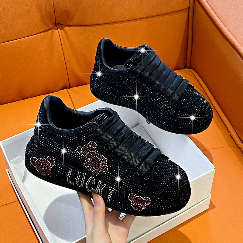 5CM Spring Autumn Genuine Leather Women Shoes Style Fashion Platform Shoes Platforms Sneakers Tide Shine Bling Rhinestone Shoes