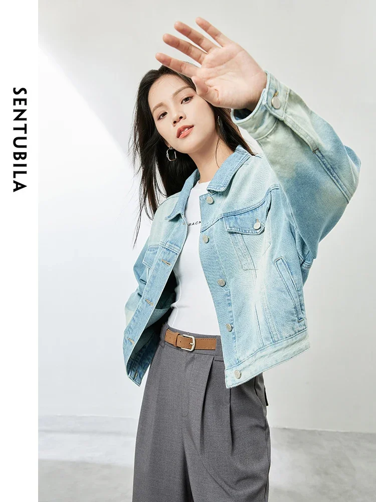 

SENTUBILA Washed Denim Jackets Women Spring Autumn Outerwear 2024 Vintage Tie Dye Short Denim Coat Woman Jeans Jacket W41W54000