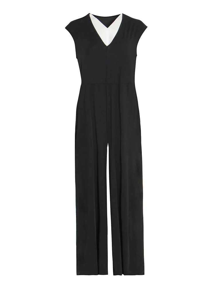 VGH Zomer Sexy Jumpsuit Voor Vrouwen V-hals Mouwloos Hoge Taille Effen Minimalistische Losse Wijde Pijpen Broek Vrouwelijke Kleding Nieuwe Stijl