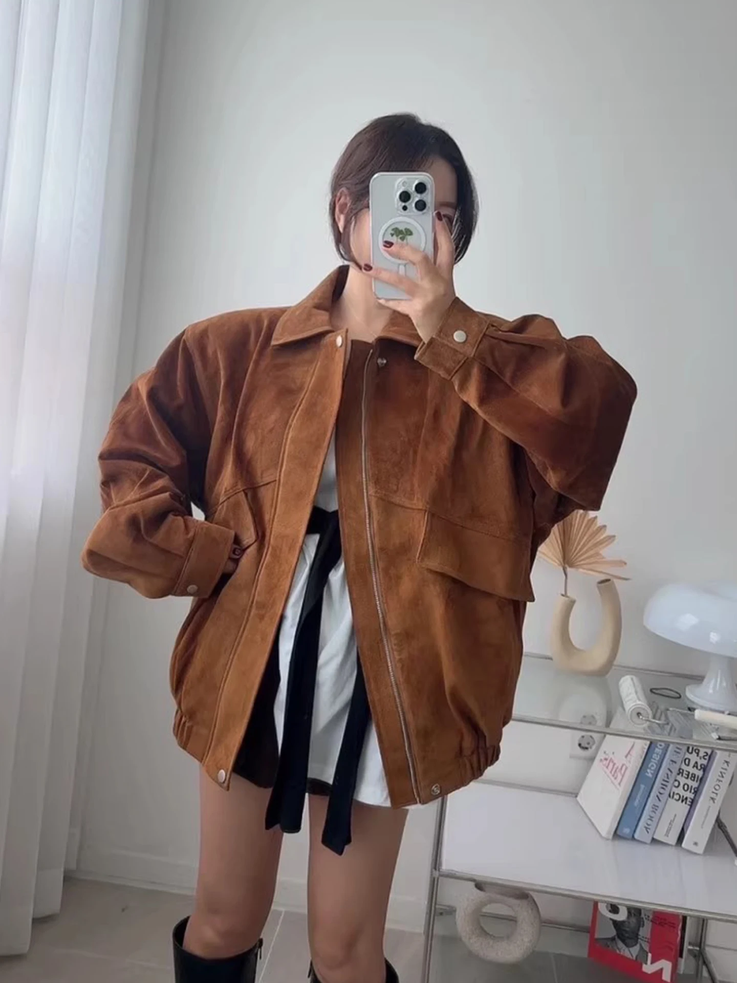 

Замшевая куртка на молнии в стиле ретро, верхняя одежда, женская осенняя одежда 2023, новинка осени Small ket, универсальный топ, свободный крой для поездок на работу