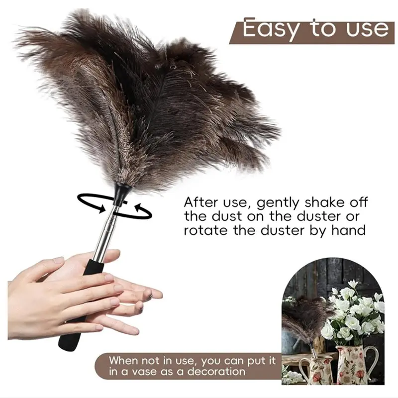 AT02-2X Extendable Ostrich Feathers Duster Up To 17-45Inches Feathers Long Handle Reusable For Cleaning Ceiling Fan