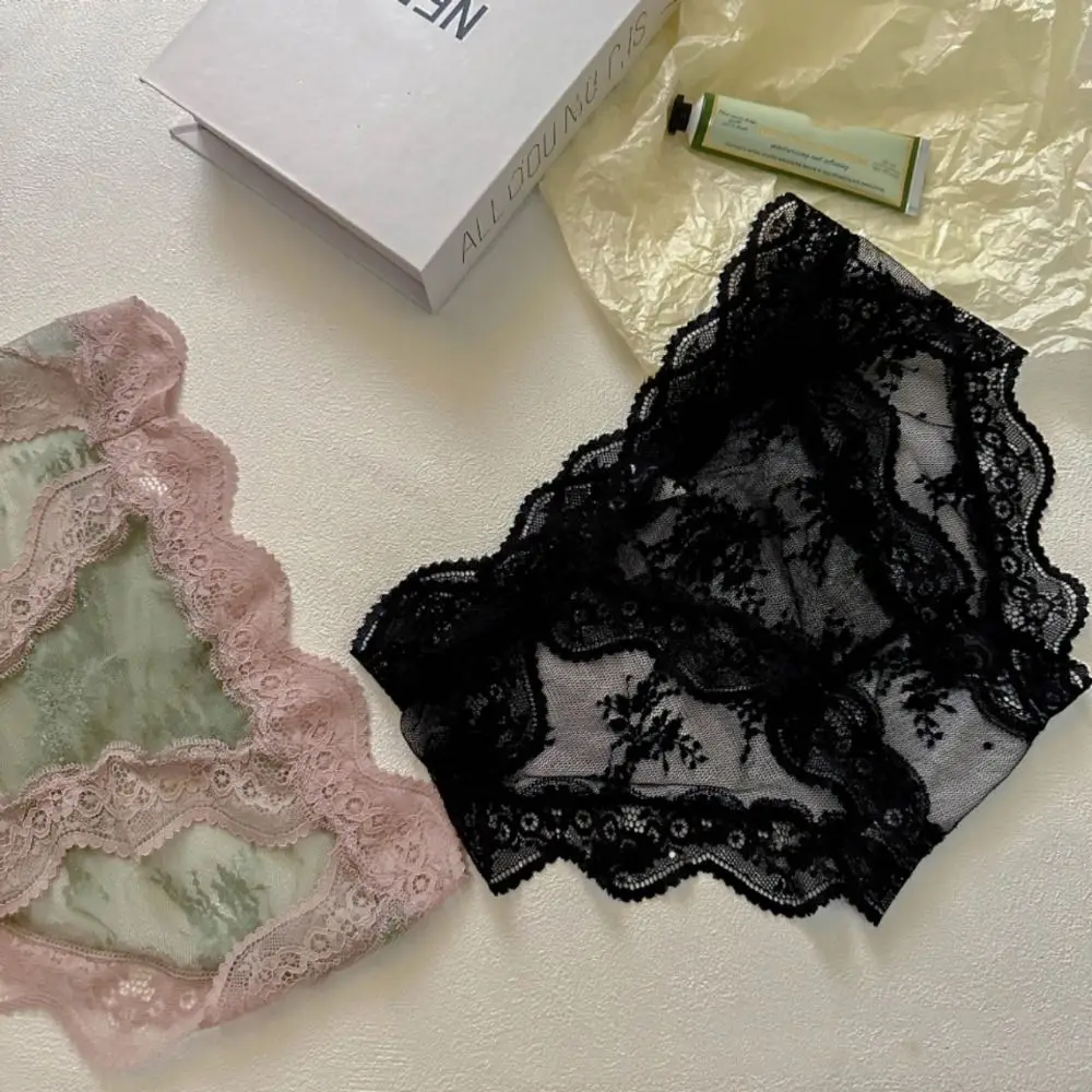 4 قطع سراويل داخلية شبكية من الدانتيل الشفاف الحلو سراويل داخلية من القطن المنشعب بدون خياطة ملابس داخلية متوسطة الخصر للنساء والفتيات