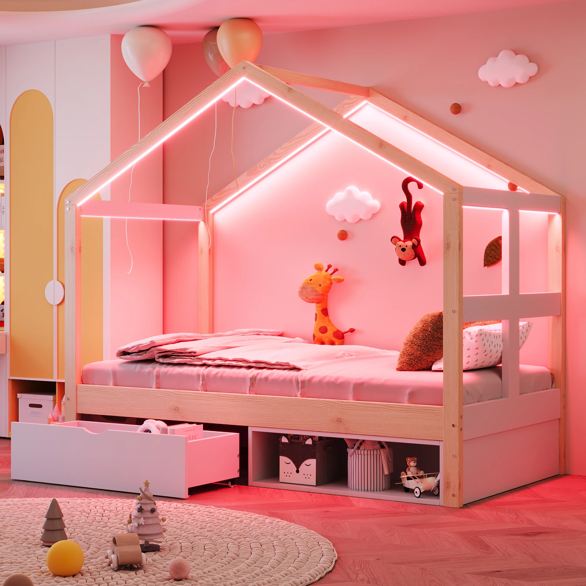 Holzbett 90×190 cm, mit Schubladen und kleinem Schuhschrank, mit mehrfarbiger LED-Beleuchtung, Lattenrost, Einzelbett, Jugendbett