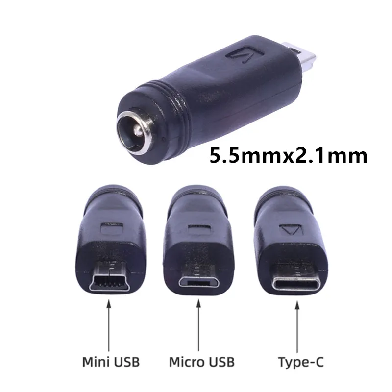 DC 5.5x2.1mm żeński na Mini USB/Micro USB/typ C męski konwerter ładowania Adapter do zasilacza do zestaw słuchawkowy z głośnikiem telefonu komórkowego