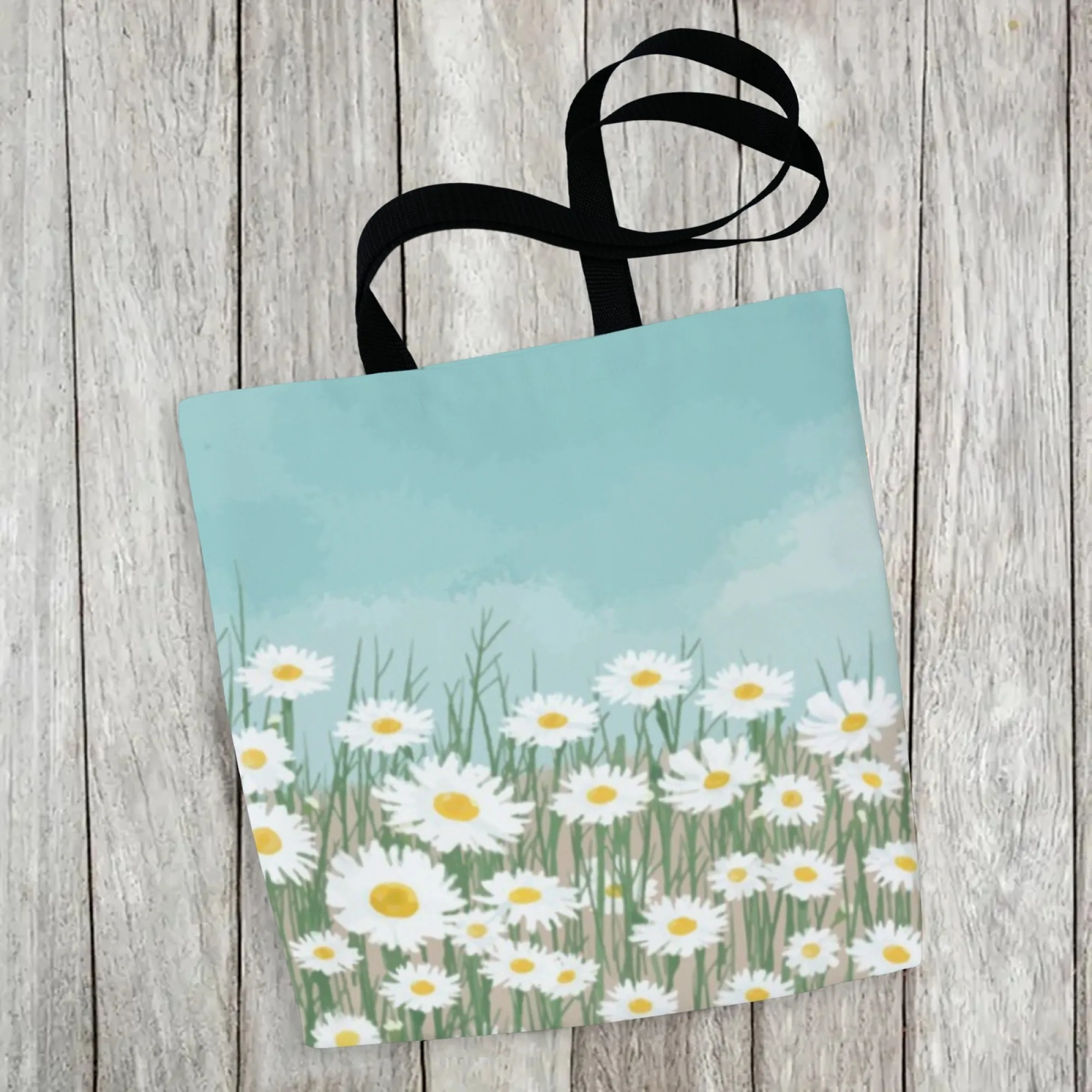 Durable Daisy Rural Canvas Tote Bag Sky Blue Fresh Print Large Capacity Casual Handbag for Women Reusable for Shopping Travel