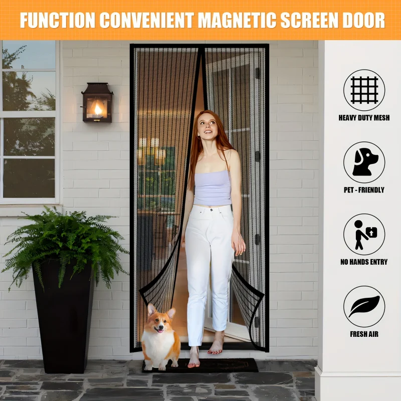 Magnetic Screen Door—Self-Sealing, Heavy-Duty Striped Mesh Curtain, Suitable for Various Types of Rooms and Doors, Safe Use, Per