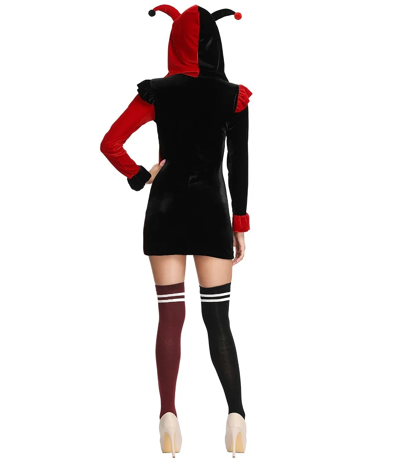 Joker Cosplay Costume para mulheres, Palhaço, Circo, Vestido extravagante, Halloween, Preto, Vermelho