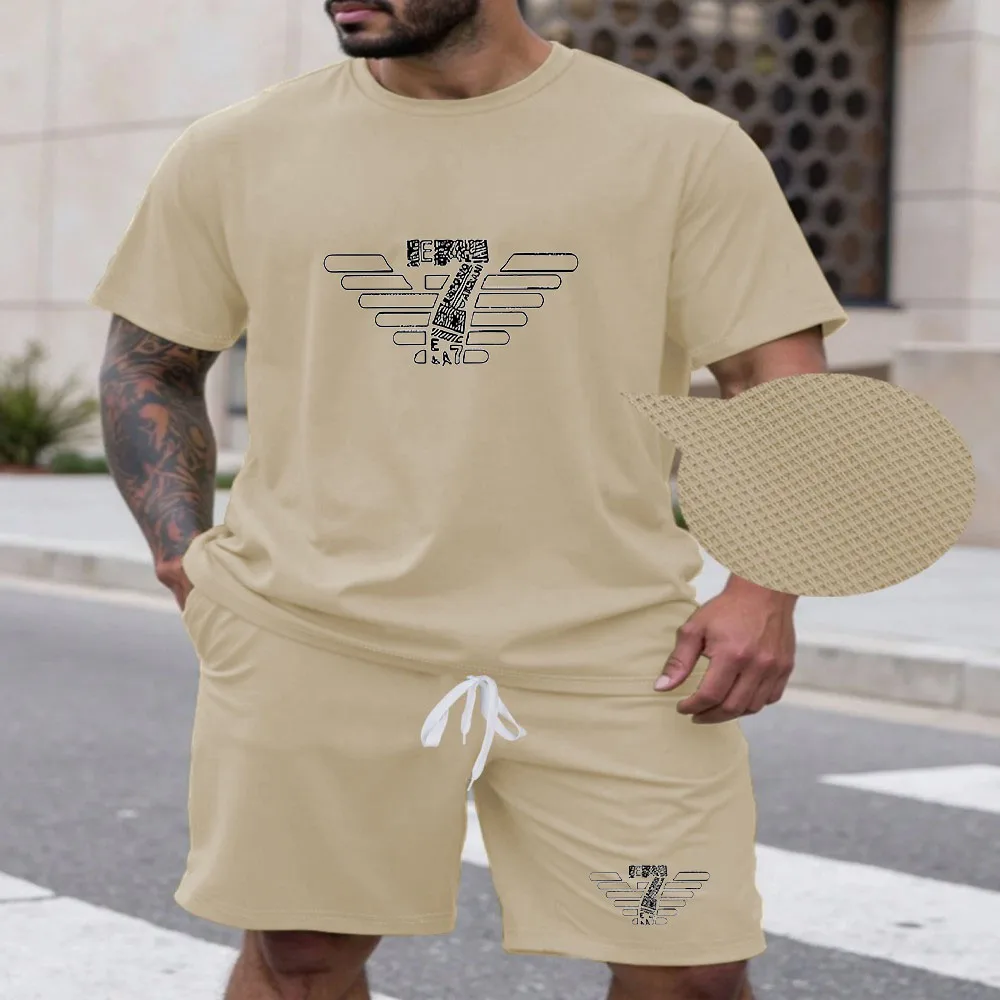 

New summer fitness sportswear for men, short-sleeved T-shirt and shorts two-piece set, breathable and quick-drying casual wear.