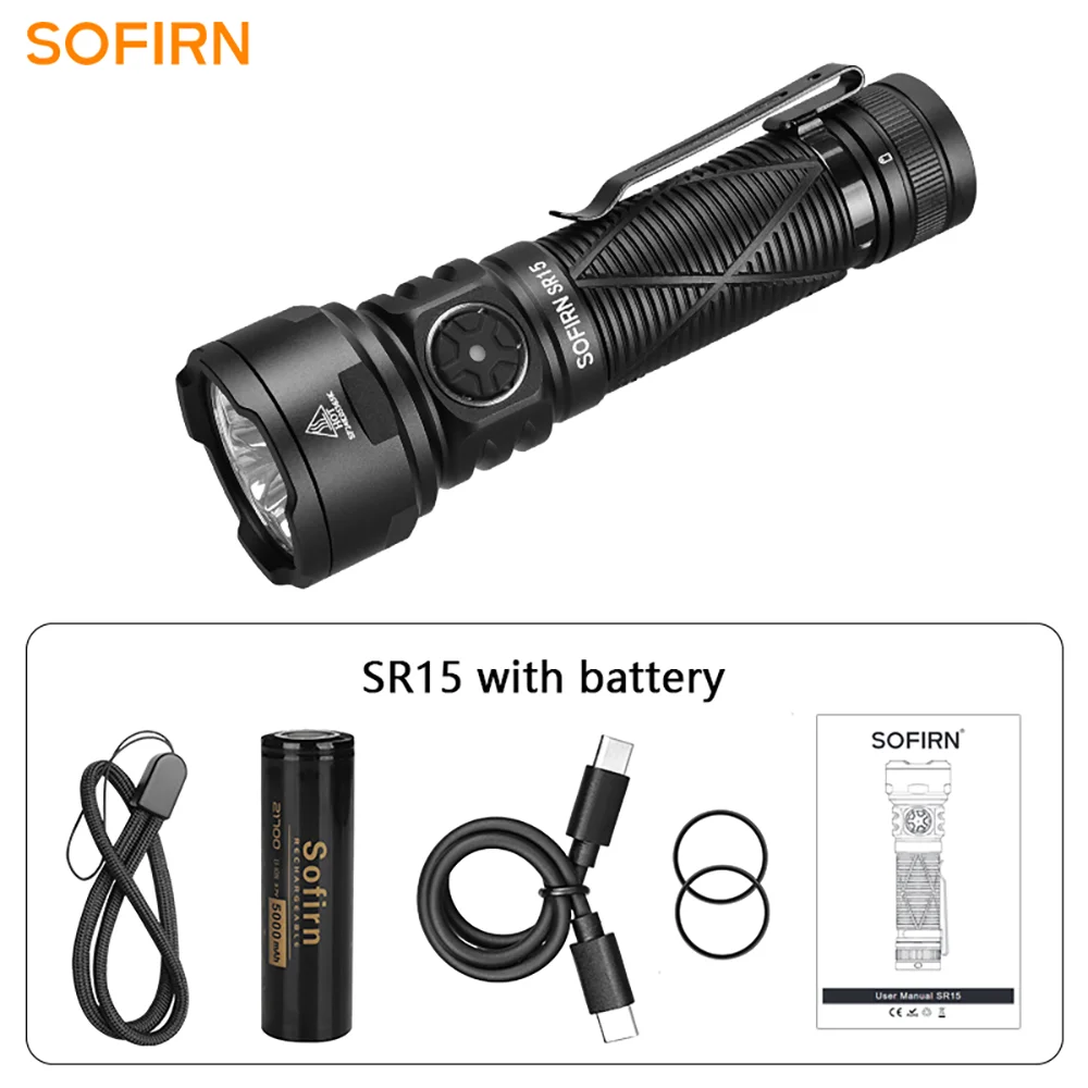 Sofirn SR15 4500LM Taschenlampe SFT25R Leistungsstarkes LED-Licht 21700 USB C wiederaufladbare Entladungstaschenlampe